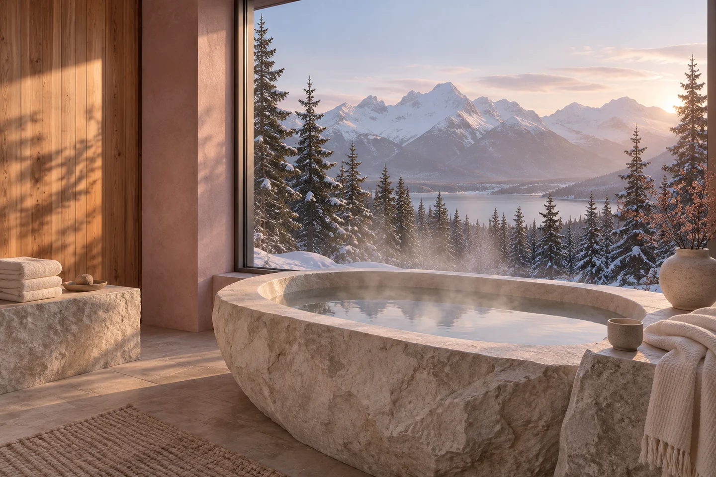 Steam rising from a private stone bath beside a forest window