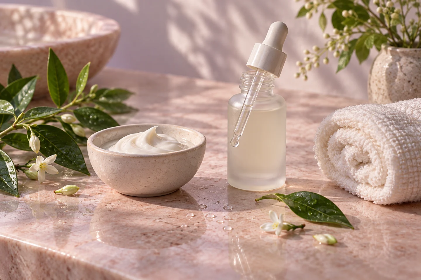 Botanical skincare with a ceramic bowl, serum, and fresh leaves