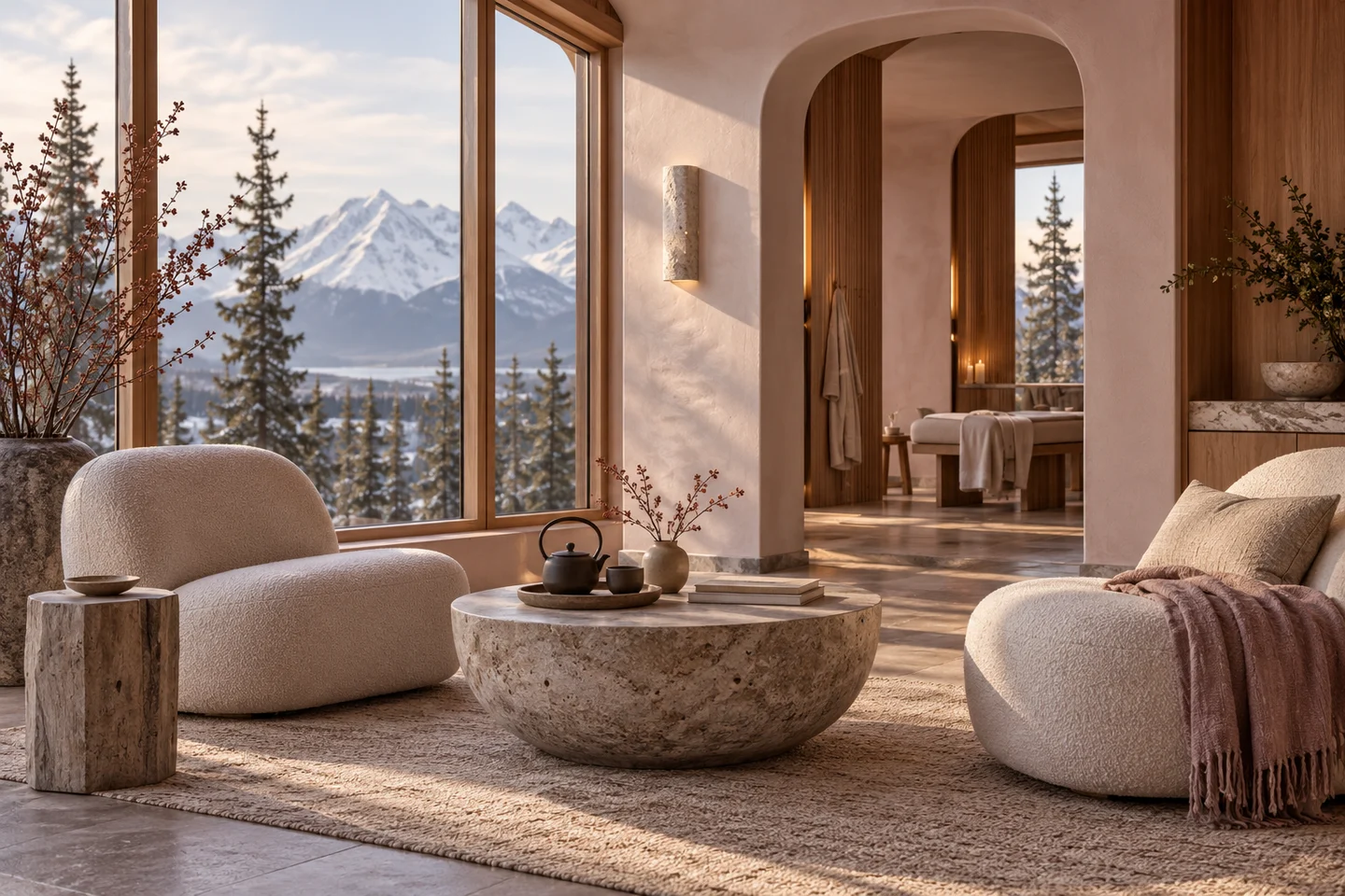 Warm cedar, ivory lounge chairs, and a view of snowy Alaskan mountains